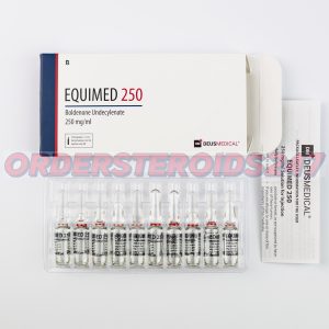 EQUIMED 250 (Boldenone Undecylenate) by Deus Medical: A box containing 10 ampoules, each with 1ml of injectable anabolic steroid solution at a concentration of 250mg/ml. Used primarily for muscle mass gain and appetite stimulation