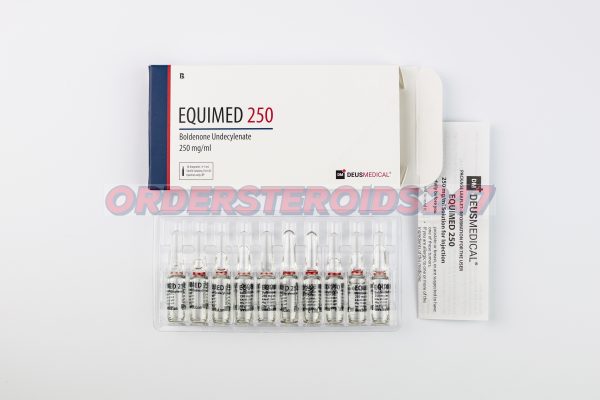 EQUIMED 250 (Boldenone Undecylenate) by Deus Medical: A box containing 10 ampoules, each with 1ml of injectable anabolic steroid solution at a concentration of 250mg/ml. Used primarily for muscle mass gain and appetite stimulation