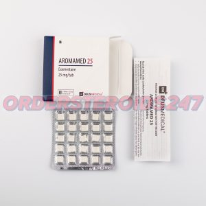 AROMAMED 25 (Exemestane) by Deus Medical, an aromatase inhibitor containing 25 mg per tablet, used to treat hormone receptor-positive breast cancer in women