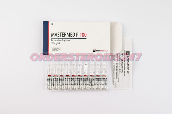 MASTERMED P 100 (Drostanolone Propionate) by Deus Medical: A box containing 10 ampoules, each with 1ml of injectable solution at a concentration of 100mg/ml. Primarily used for muscle hardening and cutting cycles