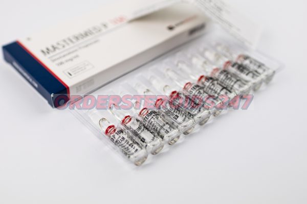 MASTERMED P 100 (Drostanolone Propionate) by Deus Medical: A box containing 10 ampoules, each with 1ml of injectable solution at a concentration of 100mg/ml. Primarily used for muscle hardening and cutting cycles