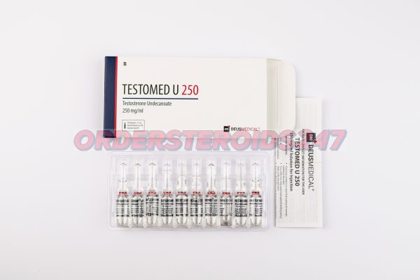 Vial of TESTOMED U 250 by Deus Medical containing 250mg/ml of Testosterone Undecanoate, used for hormone replacement therapy and performance enhancement