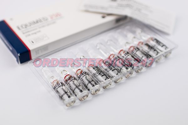 EQUIMED 250 (Boldenone Undecylenate) by Deus Medical: A box containing 10 ampoules, each with 1ml of injectable anabolic steroid solution at a concentration of 250mg/ml. Used primarily for muscle mass gain and appetite stimulation