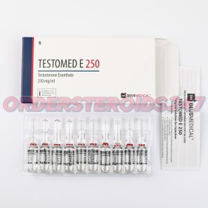 TESTOMED E 250 (Testosterone Enanthate) by Deus Medical: A box containing 10 ampoules, each with 1ml of injectable solution at a concentration of 250mg/ml. Used for hormone replacement therapy and muscle mass enhancement