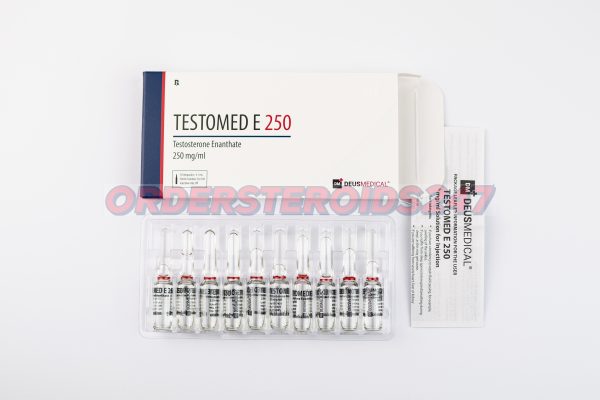 TESTOMED E 250 (Testosterone Enanthate) by Deus Medical: A box containing 10 ampoules, each with 1ml of injectable solution at a concentration of 250mg/ml. Used for hormone replacement therapy and muscle mass enhancement