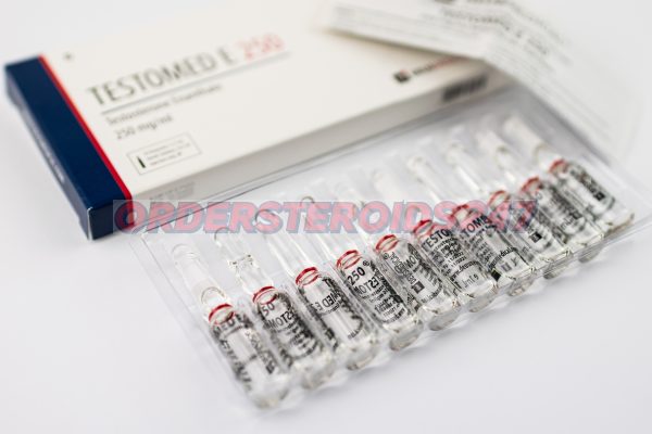 TESTOMED E 250 (Testosterone Enanthate) by Deus Medical: A box containing 10 ampoules, each with 1ml of injectable solution at a concentration of 250mg/ml. Used for hormone replacement therapy and muscle mass enhancement