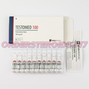 TESTOMED 100 (Testosterone Base) by Deus Medical: A box containing 10 ampoules, each with 1ml of injectable solution at a concentration of 100mg/ml. Used for hormone replacement therapy and muscle mass enhancement