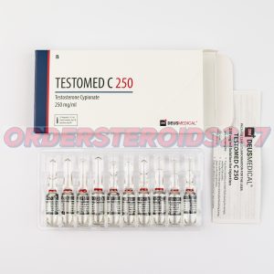 TESTOMED C 250 (Testosterone Cypionate) by Deus Medical: A box containing 10 ampoules, each with 1ml of injectable solution at a concentration of 250mg/ml. Used for hormone replacement therapy and muscle mass enhancement