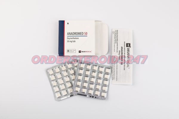 ANADROMED 50 (Oxymetholone) by Deus Medical, an anabolic steroid containing 50 mg per tablet, used to promote significant muscle gain and strength