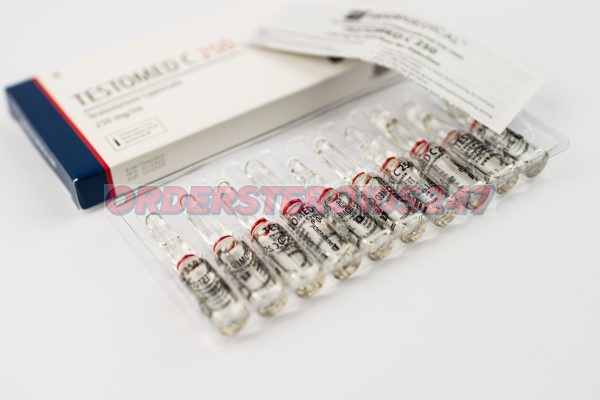 TESTOMED C 250 (Testosterone Cypionate) by Deus Medical: A box containing 10 ampoules, each with 1ml of injectable solution at a concentration of 250mg/ml. Used for hormone replacement therapy and muscle mass enhancement