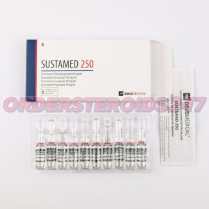 SUSTAMED 250 (Sustanon) by Deus Medical: A box containing 10 ampoules, each with 1ml of injectable solution at a concentration of 250mg/ml. This testosterone blend is used for hormone replacement therapy and muscle mass enhancement