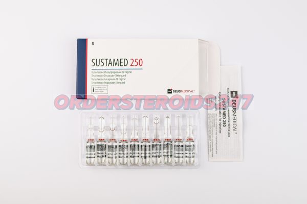 SUSTAMED 250 (Sustanon) by Deus Medical: A box containing 10 ampoules, each with 1ml of injectable solution at a concentration of 250mg/ml. This testosterone blend is used for hormone replacement therapy and muscle mass enhancement